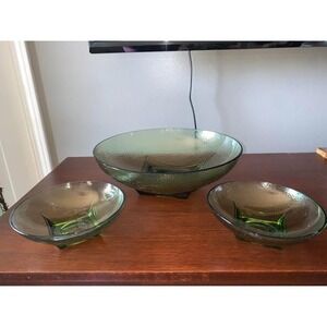 Vintage Hazel Atlas Pebbletone Green Chip and Dip Set 3 Piece MCM Glass